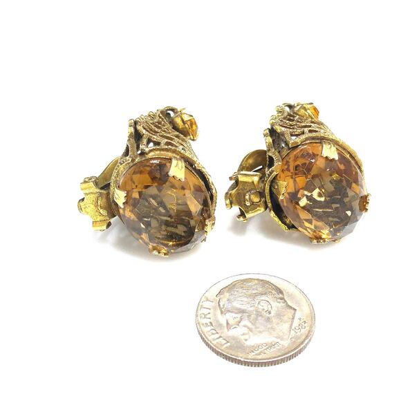Filigree Topaz Rhinestone Clip Earrings, Large Faceted Glass Bottom, 1960s - Picture 7 of 10